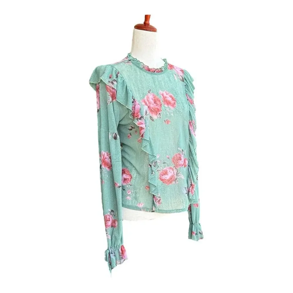 Know.One.Cares Green Top Floral Ruffle Long Sleeve Semi Sheer Shirt Couquette  S - Picture 4 of 13